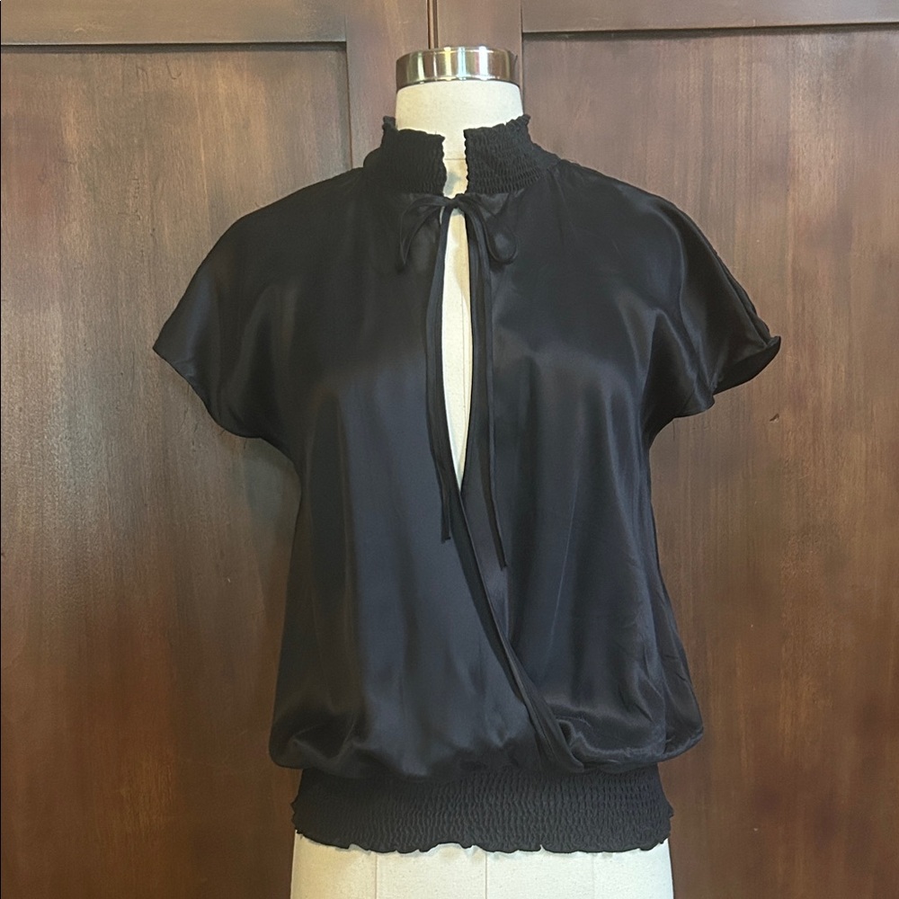Black Smocked Silk Satin Goth Blouse M